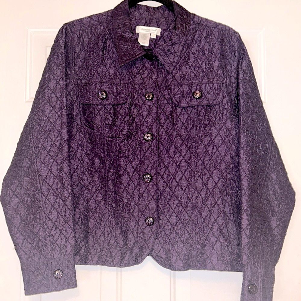 Coldwater Creek Quilted Button Jacket L Deep Purple Sheen Pockets Glam Career